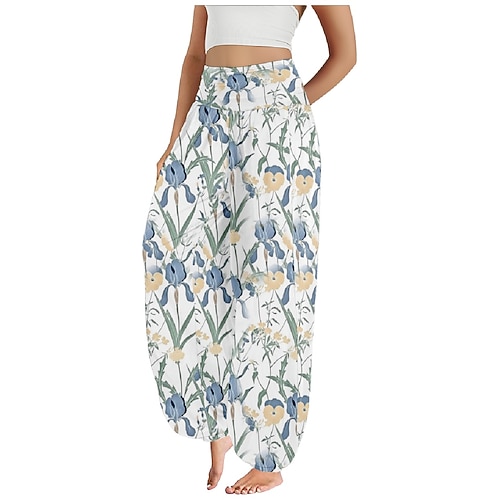 Damen Kunstbaumwollleinen Weites Bein Hosen Hose Ethno-Stil Lässig Boho Volle Länge Hohe Taille Blumen Blatt Tropisch Tasche Elastischer Bund Drucken Atmungsaktivität Weich Mikroelastisch Outdoor Yoga Image