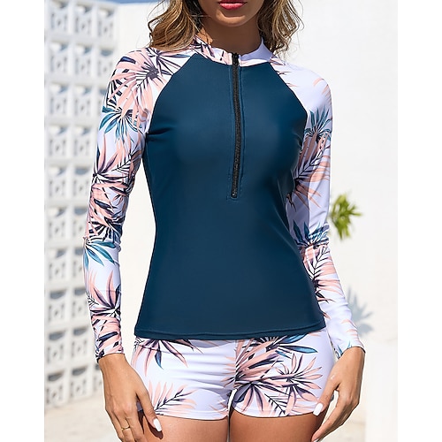 Damen Rash Guard Badeanzug Blumenmuster Frontreißverschluss Spandex UV-Sonnenschutz UPF50 Schnelltrocknend Langarm Bademode Badeanzug Surfen Strand Wassersport Sommer Image