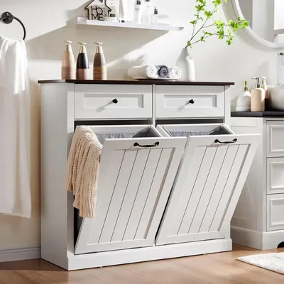 Double Tilt Out Laundry Hamper Cabinet, 20 Gallon Farmhouse Trash Can Cabinet with Drawer, Hidden