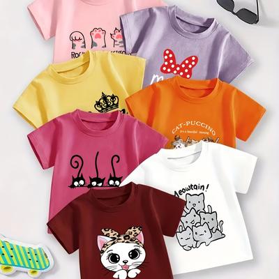 TEMU 7pcs Cute Cartoon Print Girls' T-shirts - Soft Knit, Round Neck, Machine Washable, For , Casual Wear Tee| Design|machine Washable Top, Girls T Shirts Image