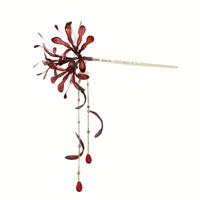 TEMU 1pc Elegant Red Lily Tassel Hairpin - Traditional Chinese Hanfu Accessory, Plastic Floral Pendant, Women's Fashion Hair Decor, Handcrafted Look, Hanfu Costume|decorative Tassel|detailed Desig Image