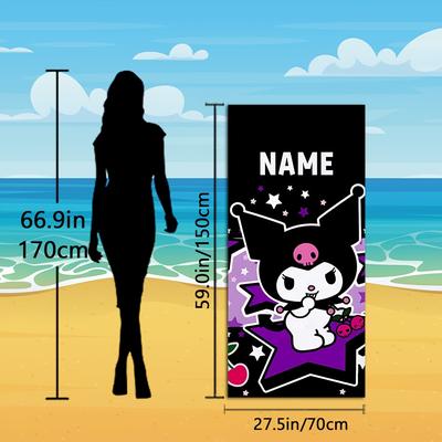 TEMU 1pc Kuromi Personalized Beach Towel – Custom Name, Quick-dry & High Absorbency, Soft & Comfortable, Vibrant Cartoon Design With Stars & Strawberries, Beach Parties, , Yoga, And Travel Image