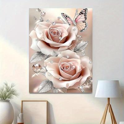 TEMU 1pc Elegant Pink Rose And Canvas Art With Wooden Frame - Decor For Living Room, Bedroom, Or Dining Area, Or Birthday Gift, Ready To Hang, Canvas Wall Ar Image