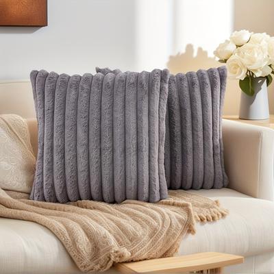 TEMU Fur Plush Throw Pillow Covers Set Of 2, Luxury Soft Fluffy Striped Decorative Spring Pillow Covers For Sofa, Couch, Living Room Image