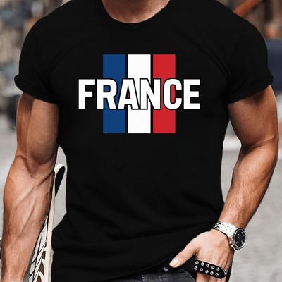 TEMU Men's French Flag Print T-shirt - Casual Short Sleeve, Breathable Polyester, Machine Washable - Summer, France, Tee Shirt Image