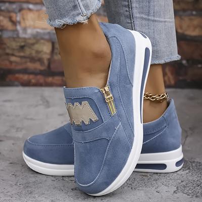 TEMU Women's Lightweight Slip-on Sneakers With Side Zipper & Golden Accents - Breathable Fabric Upper, Cushioned , Casual Shoes For Casual Attire, Versatile | Elegant Casual Shoes | Cushioned Shoes Image