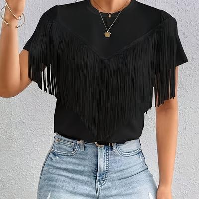 TEMU Women's Elegant Fringe Detail T-shirt - Lightweight 3-season Solid Color Top With Relaxed Fit, Machine Washable For Casual & Formal Wear, Versatile Fashion, Sophisticated Style, Fabric Image