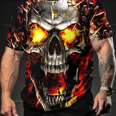 TEMU Men's Flame Skull Graphic T-shirt - 3d , Comfortable Polyester, Round Neck Short Sleeve, Casual Summer Wear, Skull T Shirt Image