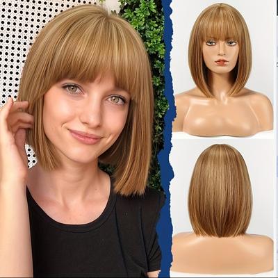 TEMU Haircube Short Straight Bob Wig With Fringe, Women's Wig In Strawberry Mottled With Strands, 12 Inches, Natural Synthetic Fibre Wig For Women, Party/costume/everyday Wig Image