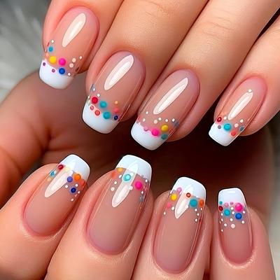 TEMU A Stylish 24pcs Casual Nail Set Featuring Colorful Polka Dot Stickers, Short Square Glossy Finish, Including And Nails, Suitable For Women. Image