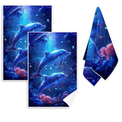 TEMU Contemporary Ocean-themed Kitchen Towels Set Of 2, Polyester Quick-dry Dish Towels, Cartoon Dolphin Print, Machine Washable, Oblong, Patterned, Knit Fabric Hand Towels For Christmas Holiday Decor Image