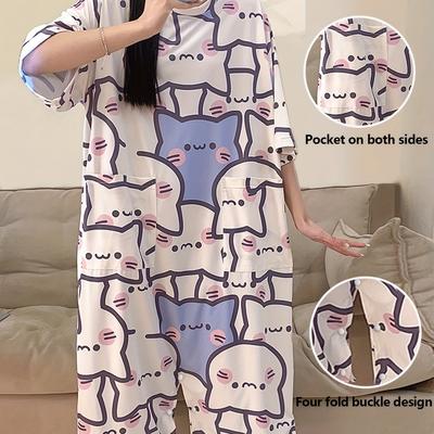 TEMU Women's Cute Cartoon Print Loose-fit Romper With Pockets - Short Sleeve, Round Neck, Four-fold Design - Casual Summer Sleepwear, Sleepwear Romper| Design|pocketed Jumpsuit Image
