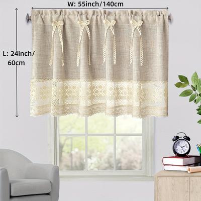 TEMU 1pc Vintage Stitching Short Curtain For Kitchen Small Window Cabinet Drape With Bottom Lace Bows Decoration Image