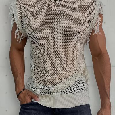 TEMU Men's Casual Green Knit Vest With Frayed Shoulder Detail - Viscose, Medium Stretch, Hollow-out Design, Regular Fit, Summer Streetwear, Casual Summer Wear | Frayed Shoulder Detail | Medium Stretch Image