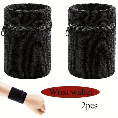 TEMU 2pcs Black Pattern Knit Fabric Wrist Wallets - Bi-fold Design With Zipper Closure, Polyester Lined Multifunctional Sports Bracelets For Keys, Cards & Small Essentials, Hand Washable Image