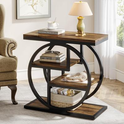 TEMU 4-tier Narrow Side Table With Storage Shelves, Wood Small Sofa Side Table With Geometric Metal Frame, Industrial Bedside Table For Bedroom, Living Room, Rustic Brown Image