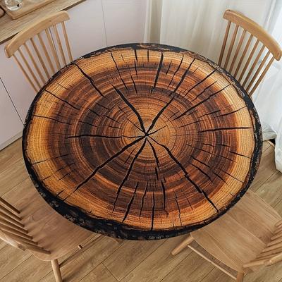 TEMU 1pc Round Fitted Summer Tablecloth Realistic Wood Grain Elastic Round Outdoor Tablecloths Round Elastic Table Cover For Tables Wipeable Table Cover For Picnic, Camping, Dinner Ycd0417lm1 Image