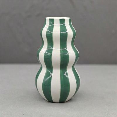 TEMU Rustic Ceramic Striped Floor Vase - Asymmetrical Abstract Gourd Shape, Black & White Striped Design For Farmhouse, Living Room, Shelf Decor - Valentine's Day Day Gift Image