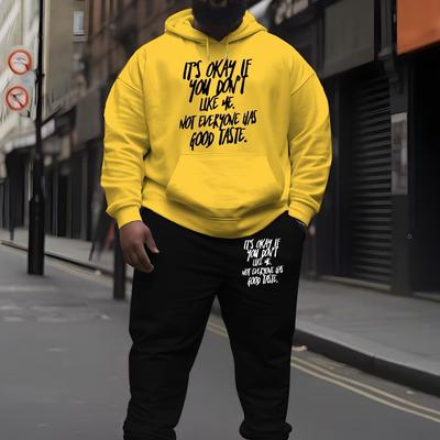 TEMU Men's Casual Hooded Sweatshirt And Pants Set, Large Size, Trendy Printed Polyester 100%, Regular Fit, Stretch, Knit Fabric, 200gsm, Autumn And Winter Sportswear, Plus Size Image