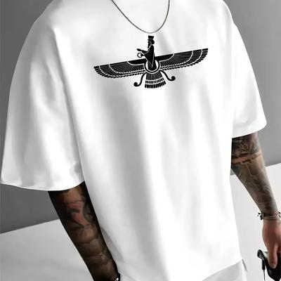 TEMU Persian Faravah Symbol Print Men's Casual T-shirt, Summer Men's Round Neck Short Sleeve T-shirt, Fashionable And Versatile Trendy Printed Short Sleeve Image