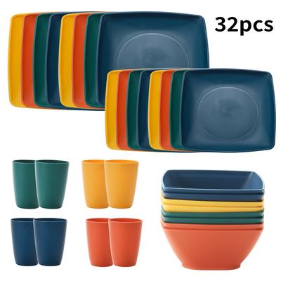 TEMU 16/32pcs Of Square Plastic Rice Bowls, Square Plates, Square Dishes, And Cup Set For Home Kitchen And Dining. Image