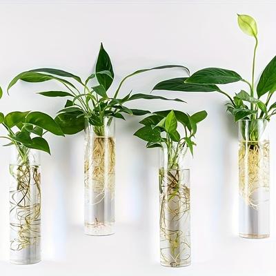 TEMU Pack Of 4 Cylindrical Glass Plant Flower Pots On Desktop Or Wall Cultivation Station Hydroponic Hanging Flower Pot Suitable For Home Office Living Room Decoration Image