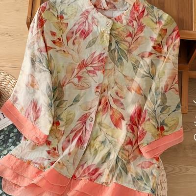 TEMU Women's Spring/summer Floral Print Spliced Button-decorated Round Neck Fashion Shirt Top Image