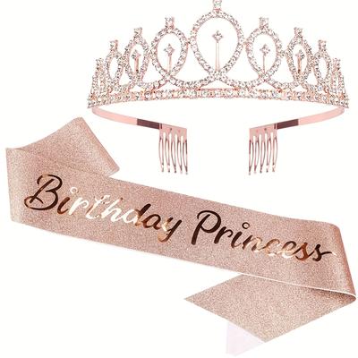 TEMU 2pcs Sparkling Birthday Princess Crown & Sash Set - Metallic, Glittery, Elegant Party Decor For Women, Birthday Celebrations, Birthday Party Accessory | Elegant | Metallic Finish Image