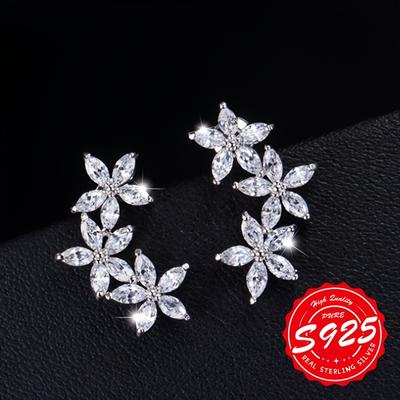 TEMU Elegant 925 Sterling Silver Floral Drop Earrings With Cubic Zirconia - Lightweight, Hypoallergenic, & Gifting, Ideal Day Accessory, Fashion Jewelry, Day Gift|floral Earrings|lightweight Earrings Image