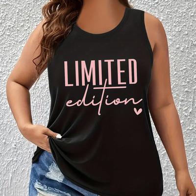 TEMU Women's Plus Size Edition Letter Print Sleeveless Tank Top - White With Pink Graphic, Round Neck Casual Summer Top, Machine Washable, Ladies Tank Tops, Everyday , Relaxed Fit Image