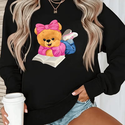 TEMU Women's Cute Bear Reading Graphic Crew Neck Sweatshirt, Soft Polyester, Solid Color, Knit Fabric, For Image