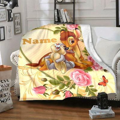TEMU Custom Name Bambi-themed Blanket - Personalized, Soft & Cozy Throw With Cartoon Deer And , 1pc - Ideal For Living Room, Bedroom, Camping, Travel - Unique Gift Idea, Deer Image