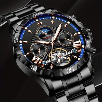 TEMU Glenaw Men's Elegant Automatic Mechanical Watch With Date & Day Display, Rose Golden Band, , Transparent Back, 30m Water Resistant, Alloy Case, Round Dial Image