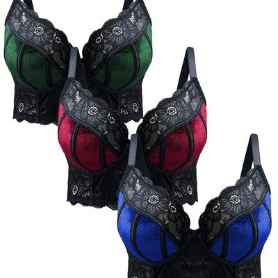 TEMU 3pcs Women's Plus Size Sexy Lace Bralette Set - Wireless, No-pad, Medium Stretch, Color With Contrast Lace Details Image