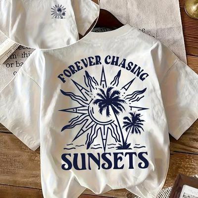 "TEMU Women's Casual Crew Neck T-shirt With " " Palm Tree Print, Comfortable Tee, White With Blue Graphic Design, Relaxed Fit For Casual Attire, Apparel | Relaxed Fit Tee | Graphic" Image