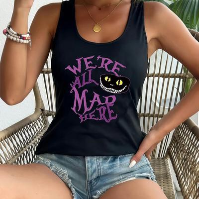 "TEMU Be "we' Mad Here" Black Sleeveless Tank Top For Women - Casual Summer Fashion Vest With Cartoon , Machine Washable, Outdoor Or Indoor Wear, Casual Summer Wear | Vest | Stylish Sleeveless" Image