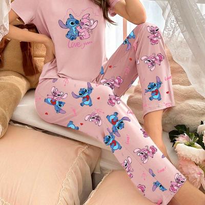 TEMU Stitch Pink Print Women's Loungewear Set, Loose-fitting Two-piece Outfit For Home And Casual , Sleepwear Set. Image