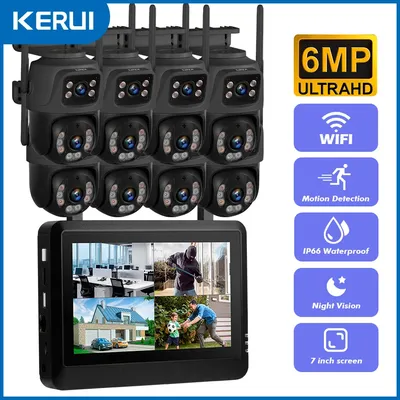 KERUI Wireless 6MP Dual Lens WIFI IP Camera 8CH NVR 7-inch LCD Screen Video Recorder Home Security Camera System Surveillance
