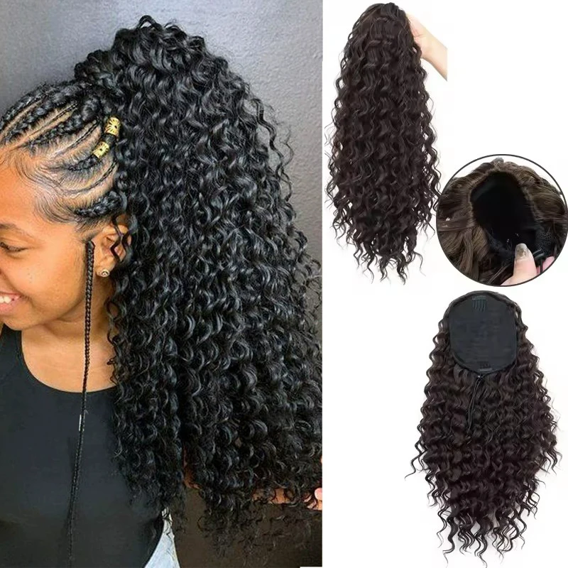 H&STAR Synthetisches 18 Zoll verworrenes lockiges Pferdeschwanzhaar, kurzes, flauschiges, lockiges Kordelzug, natürliches Afro-Locken-Haarteil mit gefälschtem Schwanz für Frauen Image