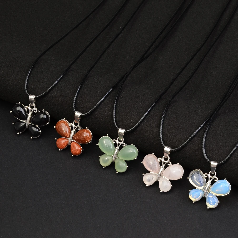 5 stücke elegante Naturstein Anhänger Set, bunte Art Wasser tropfen, Schmetterling, Baby Elefanten Halskette Set