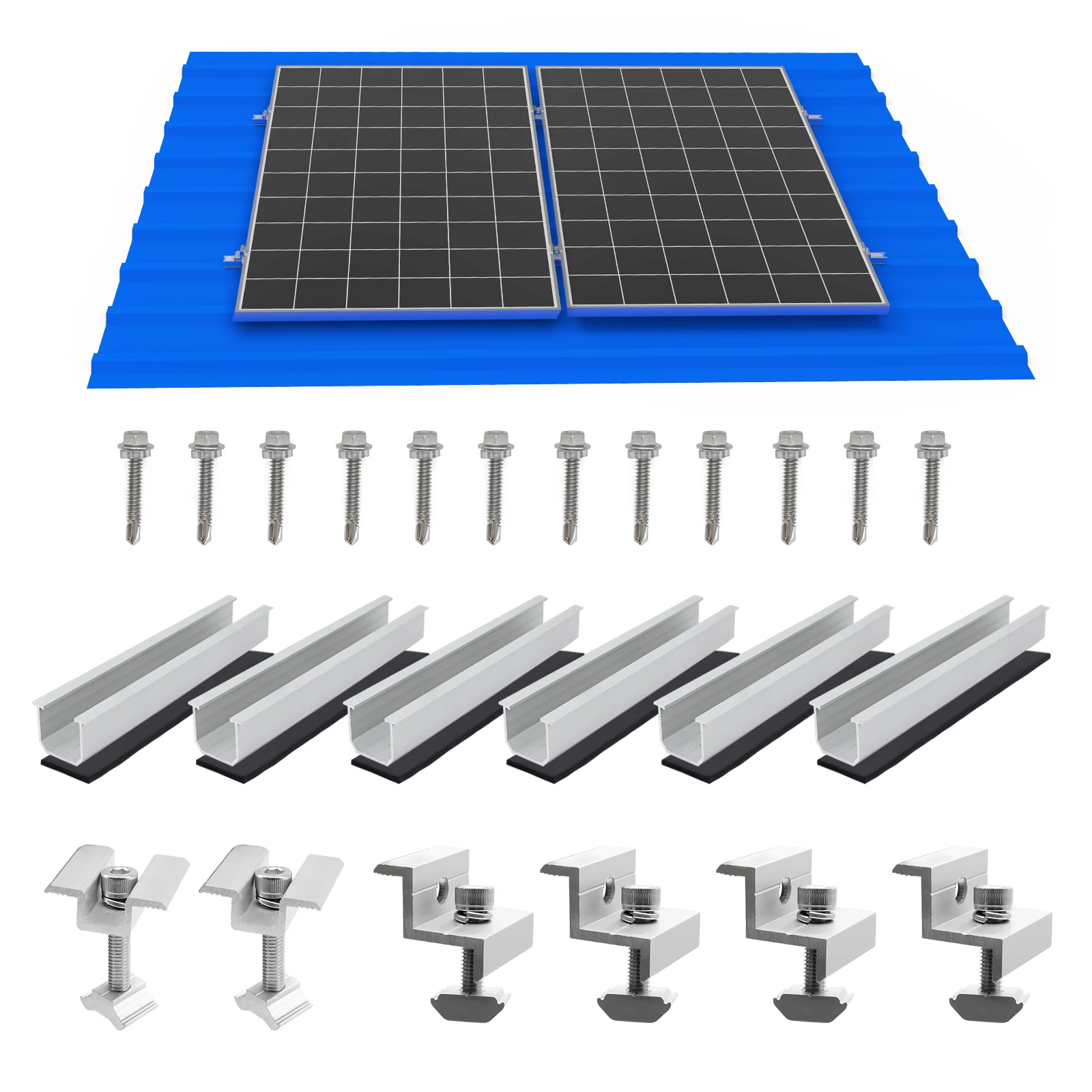 Solarpanel-Montagehalterungsset mit 4,72 Zoll/120 mm Mini-Schienen, Mittelklemmen, Endklemmen und Gummipolstern für Schindeln, Schiefer, Holz Image