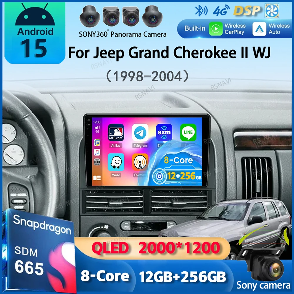 Android 15 Carplay Auto Auto Radio Für Jeep Grand Cherokee II WJ 1998-2004 Navigation GPS Multimedia Player Stereo WIFI + 4G 2DIN Image