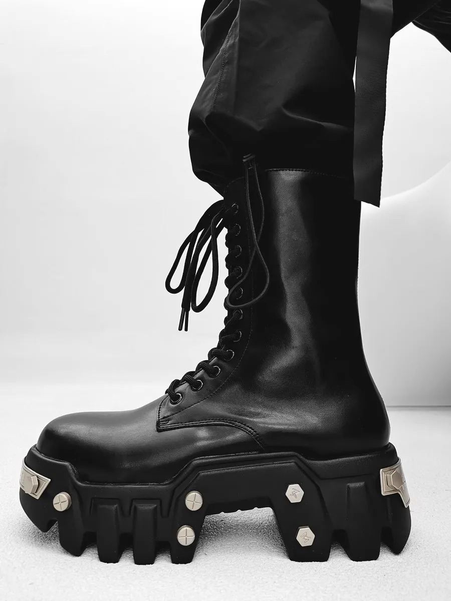 Qvah owens Männer Motorrads tiefel Plattform Leder Luxus Turnschuhe High Top Turnschuhe schnüren Reiß verschluss Herbst schwarze Schuhe