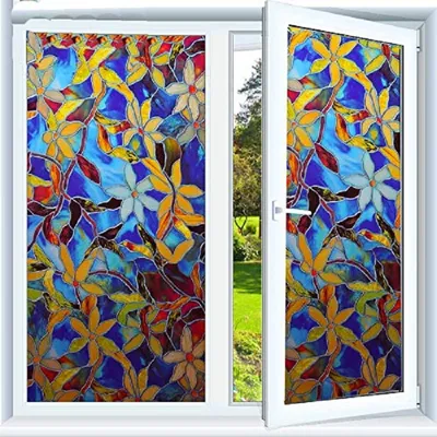 Stained Flower Pattern Frosted Window Film Static Cling Heat Control Privacy Protection Removable