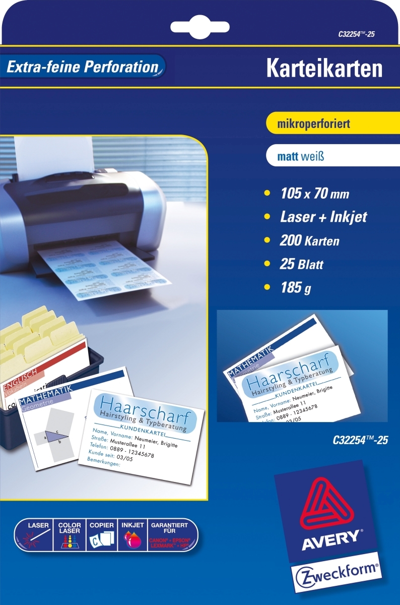 Avery Zweckform Karteikarten 105x70 mm 185 g/qm beidseitig beschichtet matt 200 Stück Packung mit 30 Stück Image