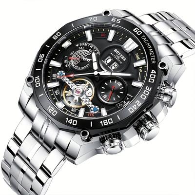 TEMU Boyzhe Round Mechanical Watch, Business, Automatic, Mechanical, Calendar, Stainless And Strap, Hollow Dial, Pointer Display, Uncharged, Without Battery, For Men Image
