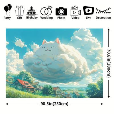 TEMU 1pc Cloud Cat Anime Wall Tapestry - Vibrant Polyester Photo Booth Backdrop, No Electricity Needed, Easy To Hang For Home, Room, Or Yard Decor, Anime Fans And Whimsical Spaces, Kawaii Room Decor