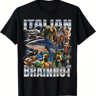 TEMU Italian Brainrot Graphic T-shirt Hoodie - 100% Cotton Bohemian Style Black Tee With Text & Animal Print, 220gsm Heavyweight Fabric, Regular Fit Round Neck For Adults, Casual Wear Image