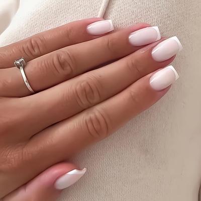 TEMU Upgrade Your Style With 24pcs Short Square Nail Tips, Featuring A Cute European And American Design With Patterns. Includes Detachable White False Nails, Jelly Glue, And 1 Nail File Image