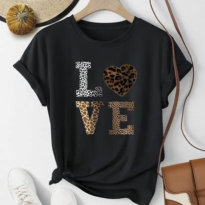 "TEMU Women's Leopard Print "love" Graphic T-shirt - Black Casual Short Sleeve Top With Glittery , Soft Polyester , Machine Washable, Summer" Image